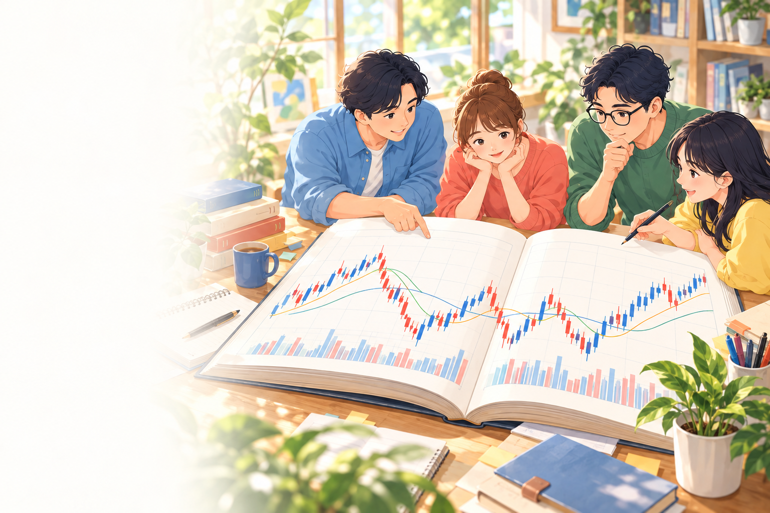 大きな図解の本を囲み、チャートについて一緒に学ぶ4人のイラスト